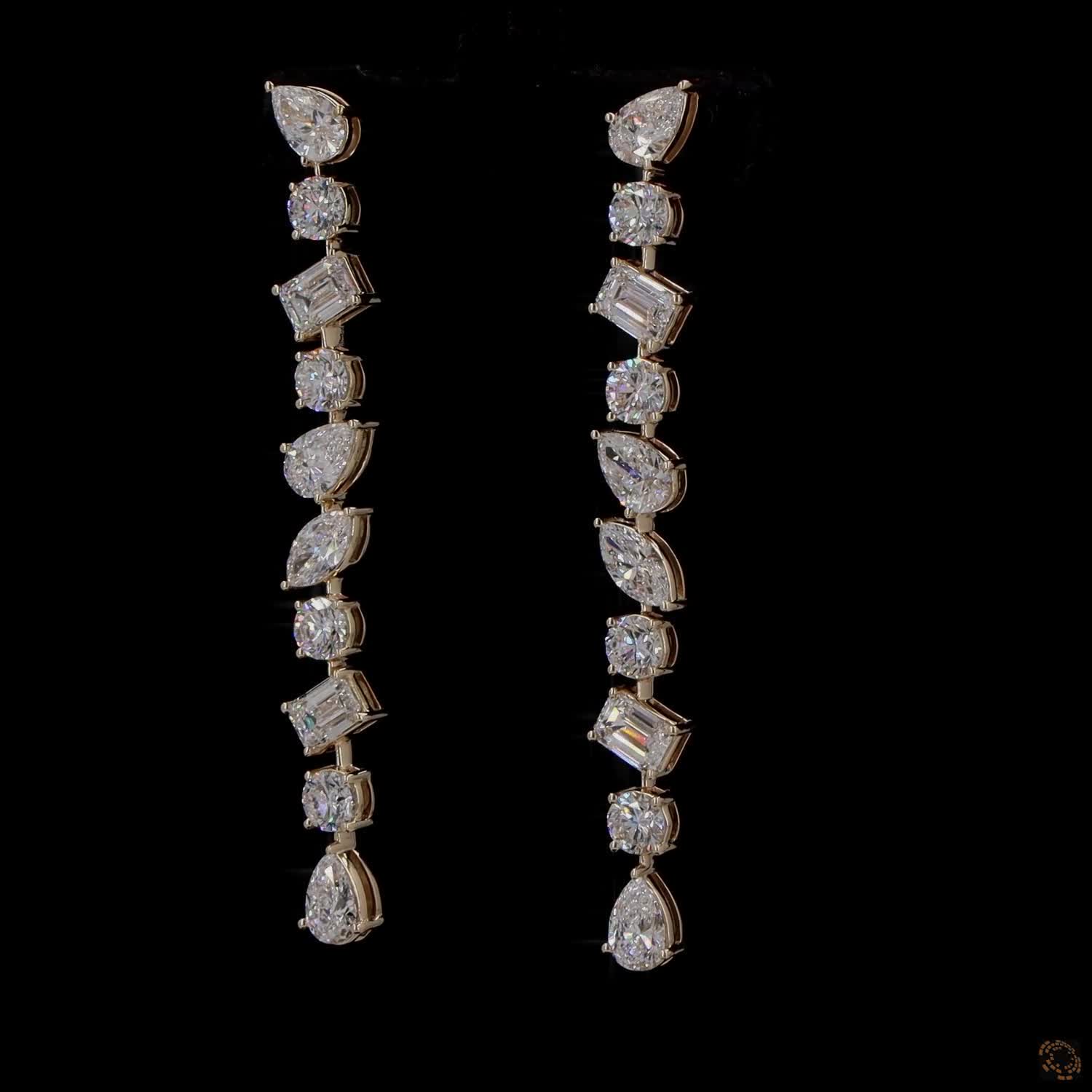 4.62 Ct 14K Gold Multi-Cut Diamond Drop Earrings – Emerald, Pear, Marquise & Round Linear Statement Earrings