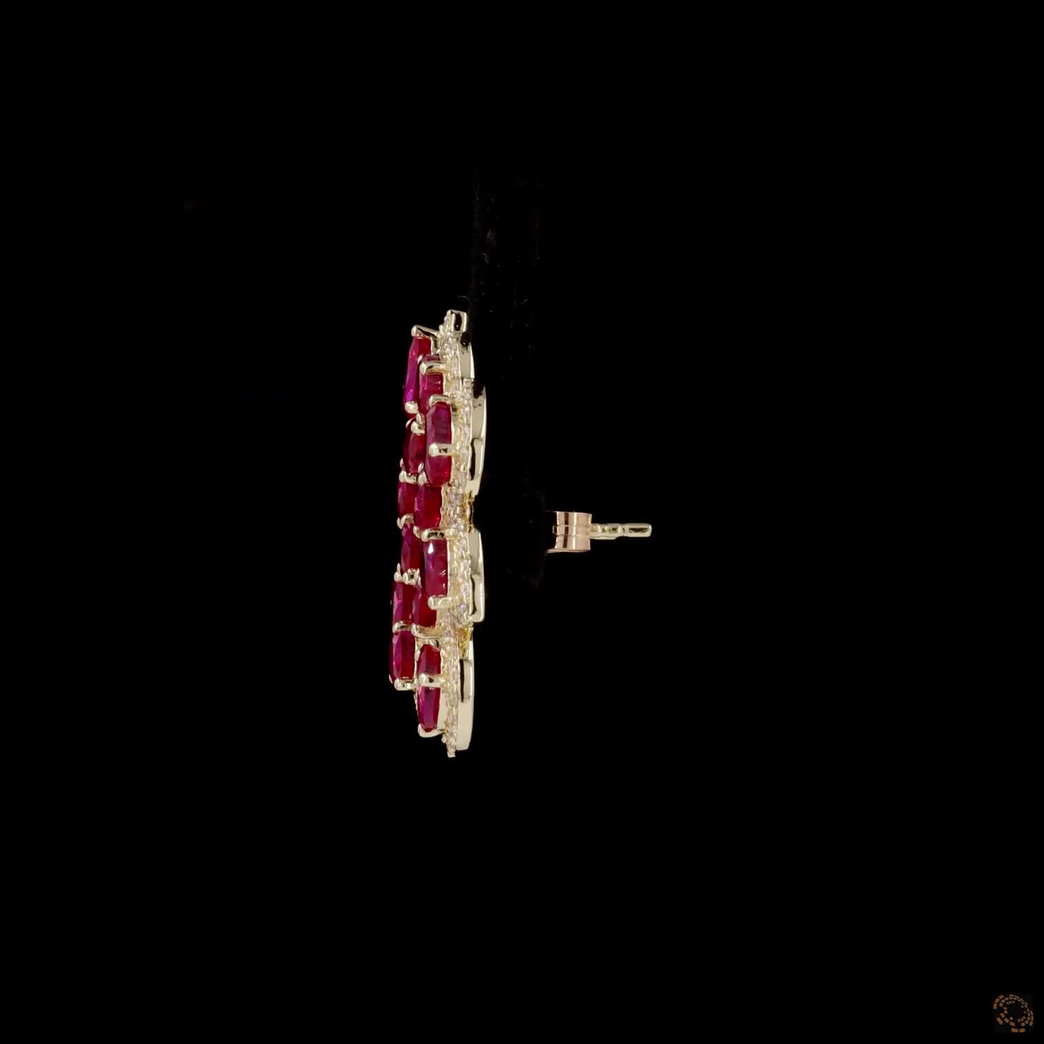0.95  Ct Pear Cut Ruby & Diamond Halo Ear Climbers | Gold Leaf Cluster Earrings