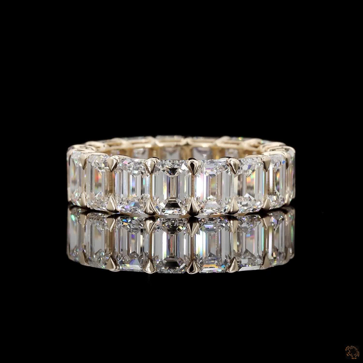 9.49 Ct Emerald Cut Diamond Full Eternity Ring, 4-Prong Shared Setting, 14K Yellow Gold Matching Bridal Band