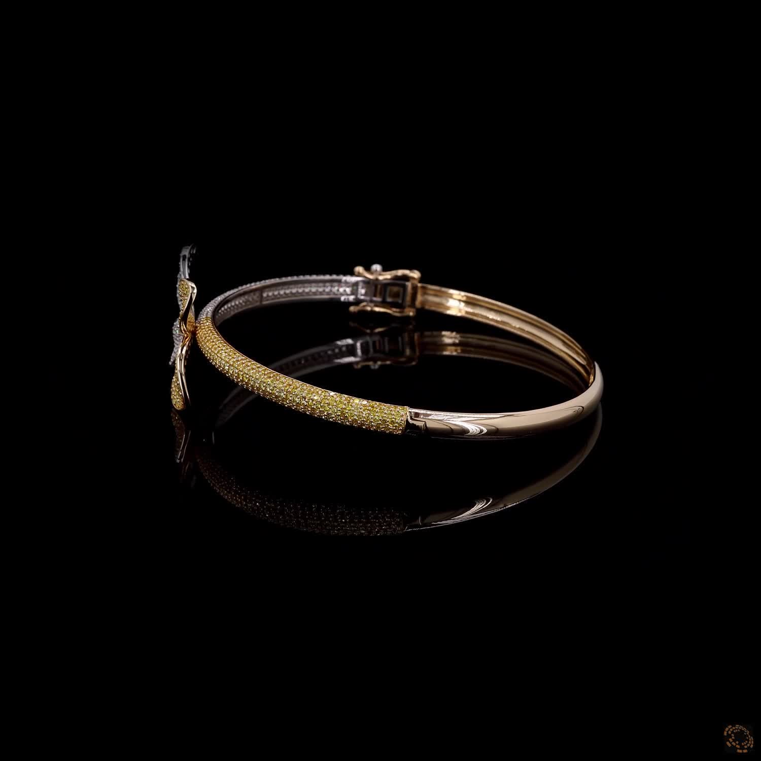 4.86 Ct Two-Tone Diamond Butterfly Bangle Bracelet – 14K Gold Pavé Diamond & Yellow Floral Cuff Jewelry