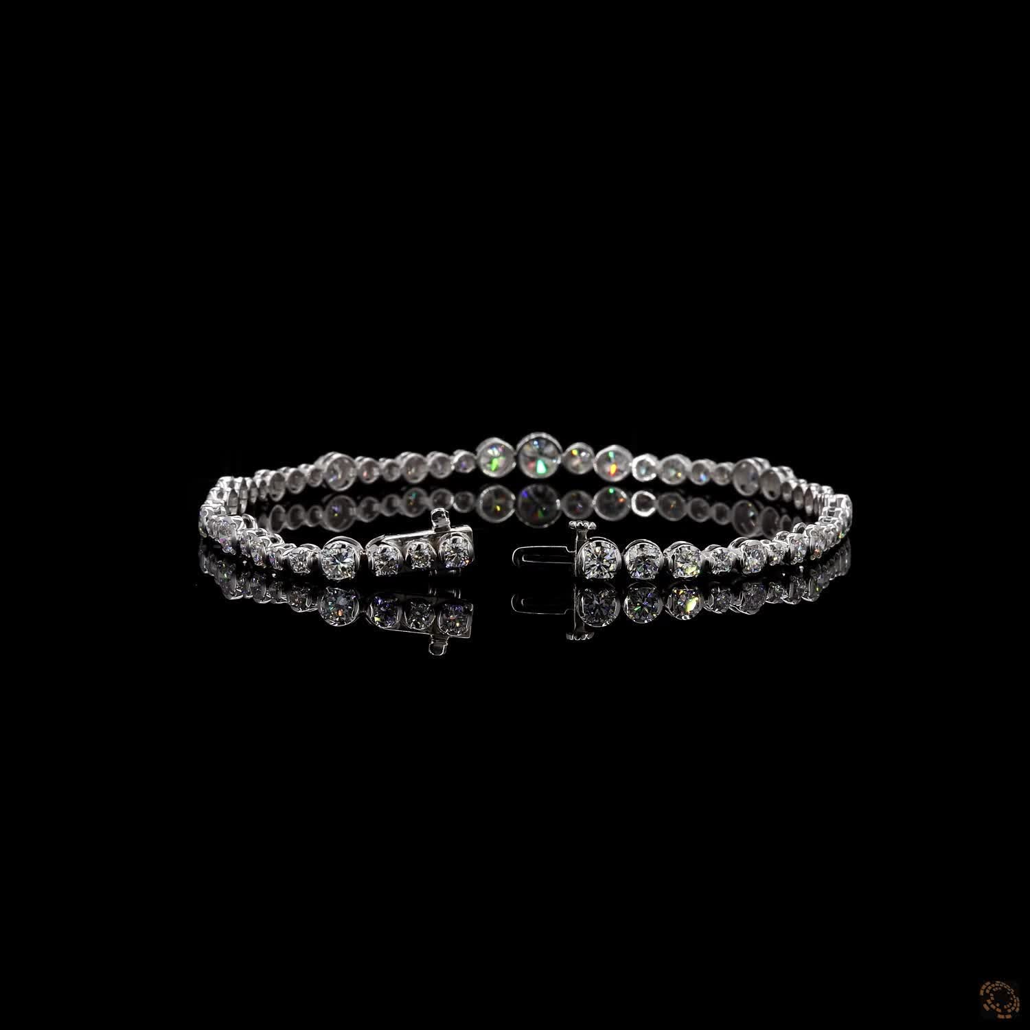6.33 Ct 4K White Gold Graduated Round Cut Moissanite Bezel Fancy Bracelet with Double Latch Box Clasp