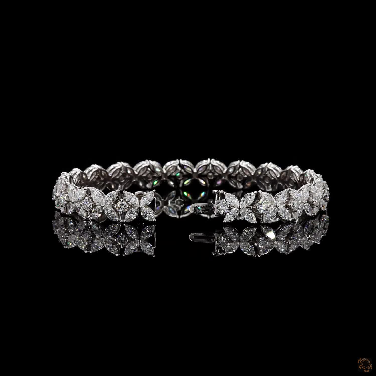 11.90 Ct Floral Marquise & Round Moissanite Fancy  Bracelet in 14K White Gold | Cluster Flower Diamond Alternative Line Bracelet