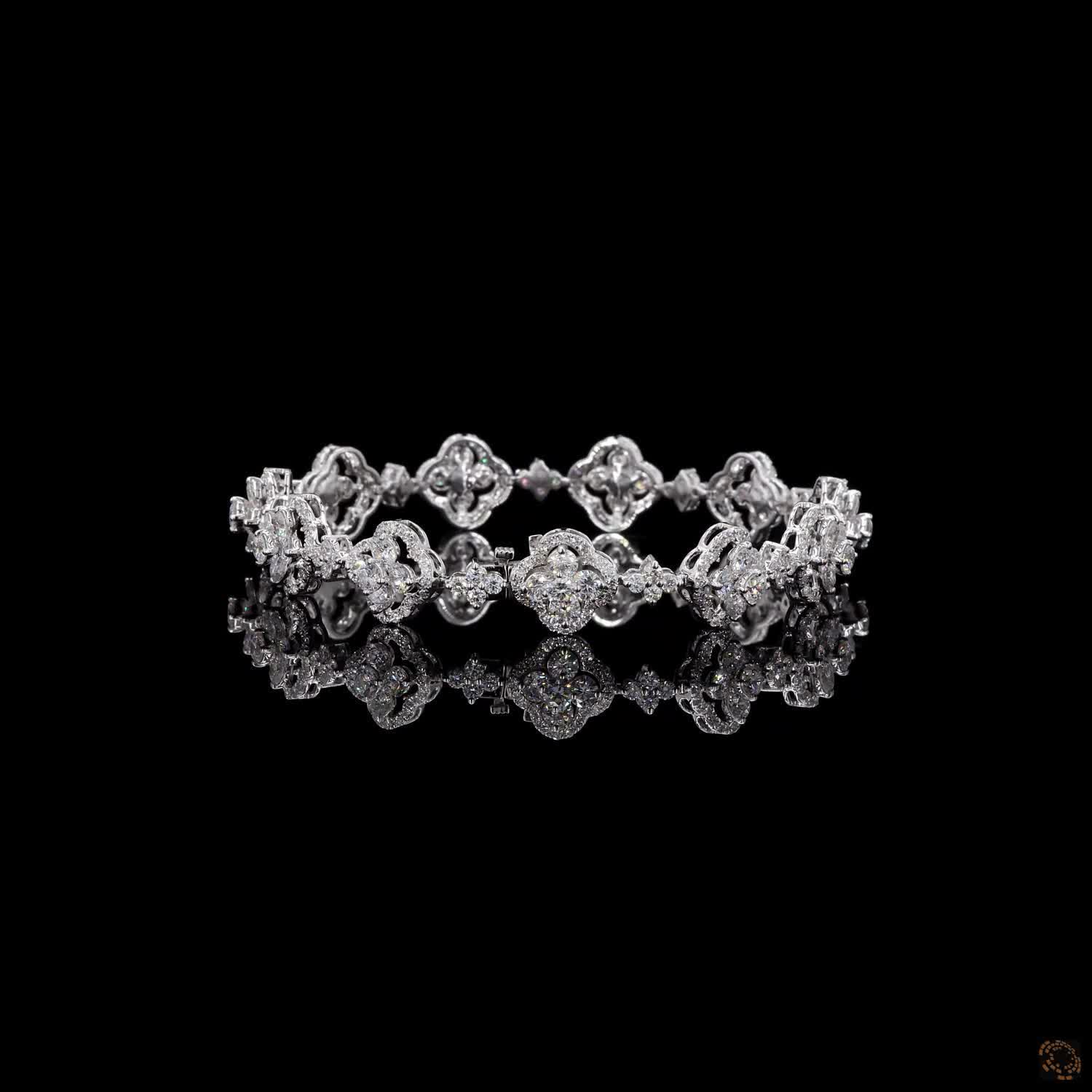6.40 Ct Floral Quatrefoi Cluster Fancy Bracelet in 14K White Gold | Clover Halo Motif Line Bracelet
