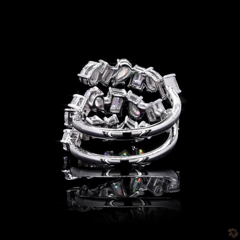 2.73 Ct Natural Emerald with Pear Octagon Shape Diamond Spiral Cuff Ring 14k White Gold