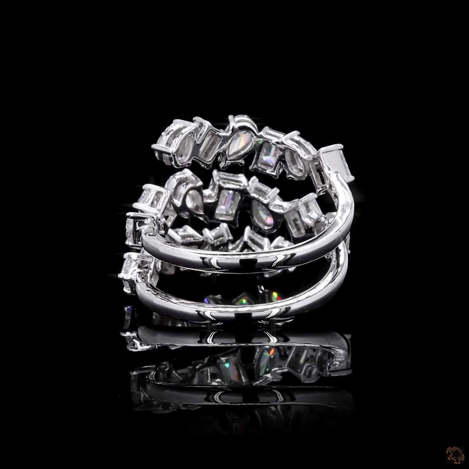 2.73 Ct Natural Emerald with Pear Octagon Shape Diamond Spiral Cuff Ring 14k White Gold