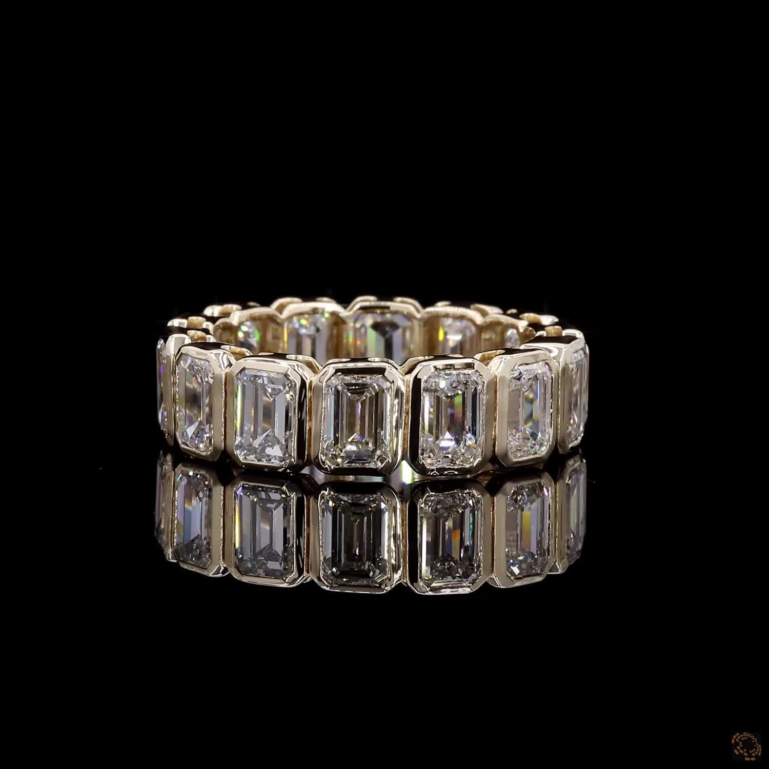 6.97 Ct Bezel-Set Emerald Cut Diamond Eternity Ring in Yellow Gold
