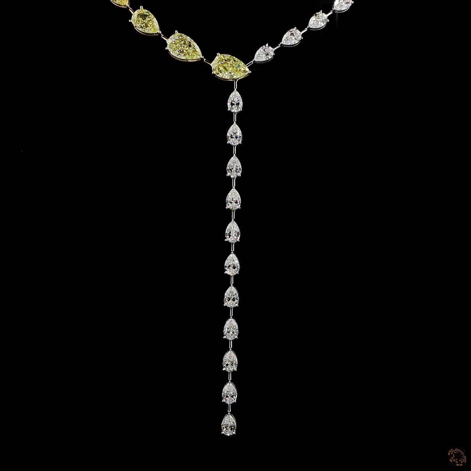 23.63 Ct Fancy Yellow & White Pear Cut Diamond Lariat Tennis Necklace