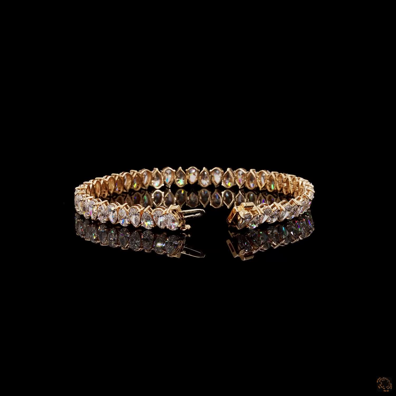 12.4  Ct Vertical Pear Cut Diamond Tennis Bracelet in Yellow Gold