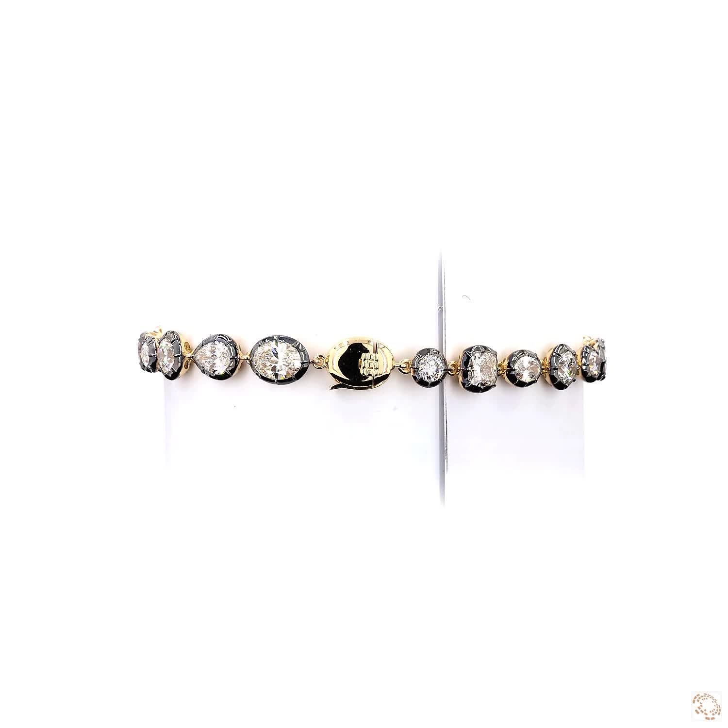 9.15 Ct Multi-Shape Diamond Black Enamel Bezel Bracelet in 14K Yellow Gold