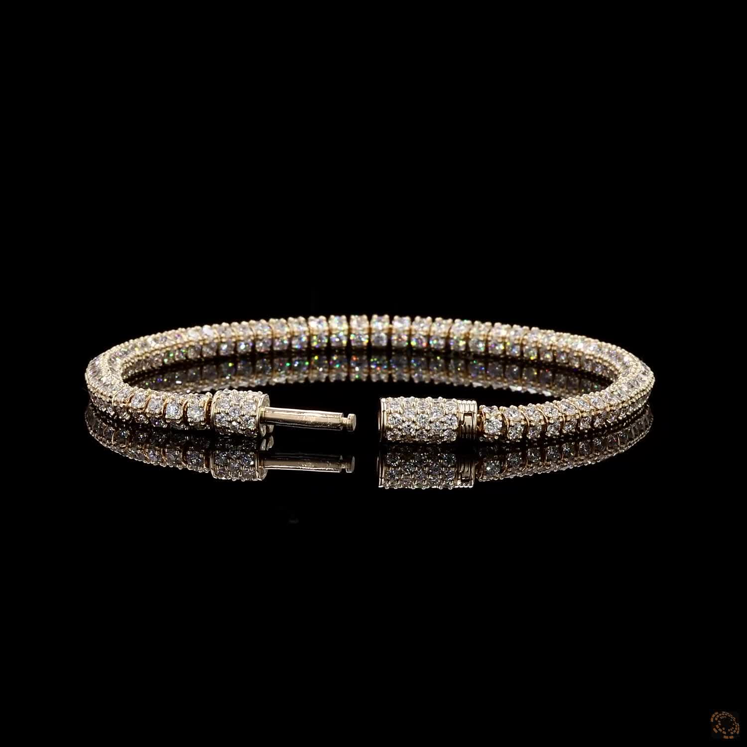 10.28 Ct 14K Yellow Gold Double-Row Round Fency Bracelet with Fully Encrusted Cylinder Clasp