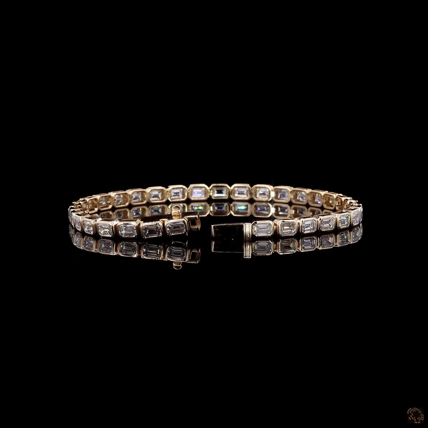 8.71 Ct East-West Emerald Cut Bezel SeTennis  Bracelet in 14K Yellow Gold | Bezel Step Cut Eternity Line Bracelet