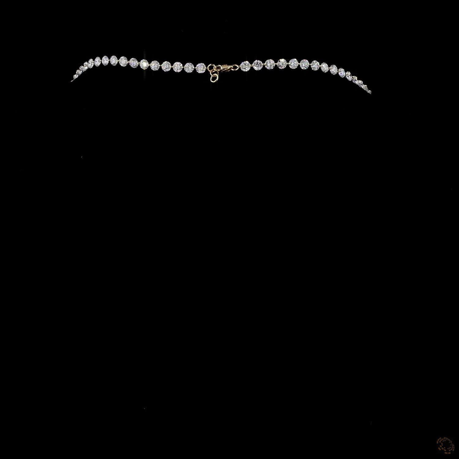 22.87 Ct graduated diamond tennis necklace, round brilliant diamond Riviera necklace, classic diamond choker, floating diamond strand, yellow gold prong-set diamond necklace