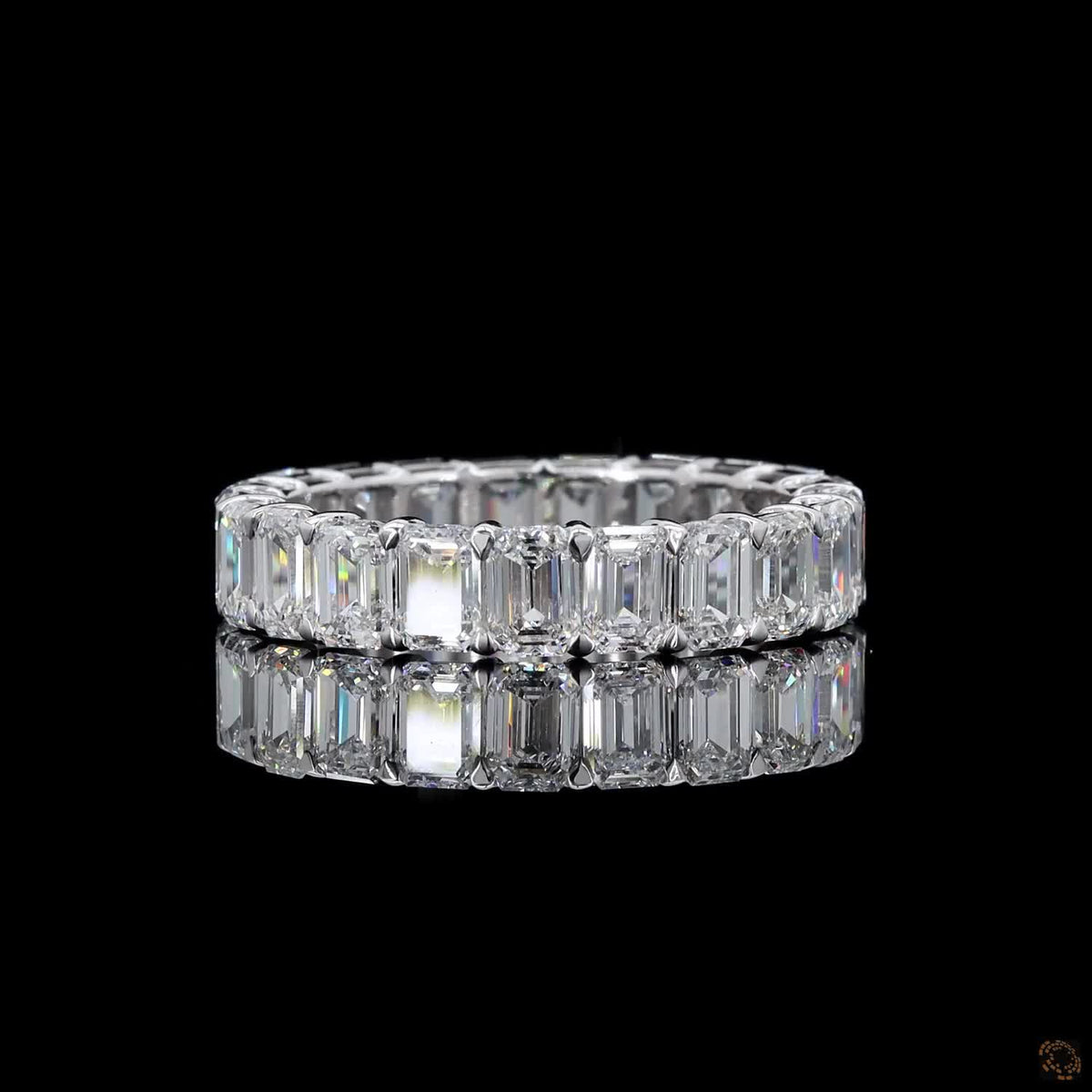 5.41 Ct Emerald Cut Diamond Full Eternity Ring, 4-Prong Shared Setting, 14K White Gold Matching Bridal Band