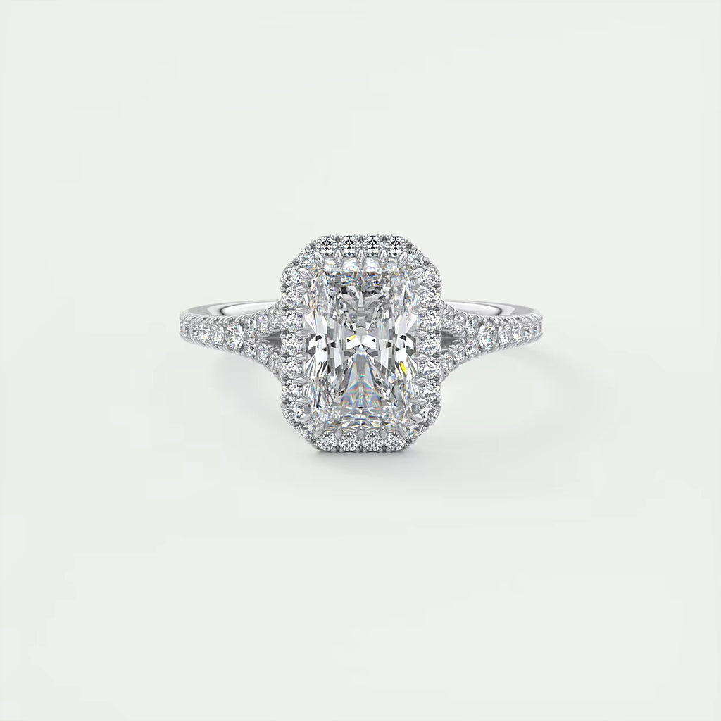 2.70 Ct The French Halo Center Stone Radiant & Side stone Round Cut Diamond  Ring