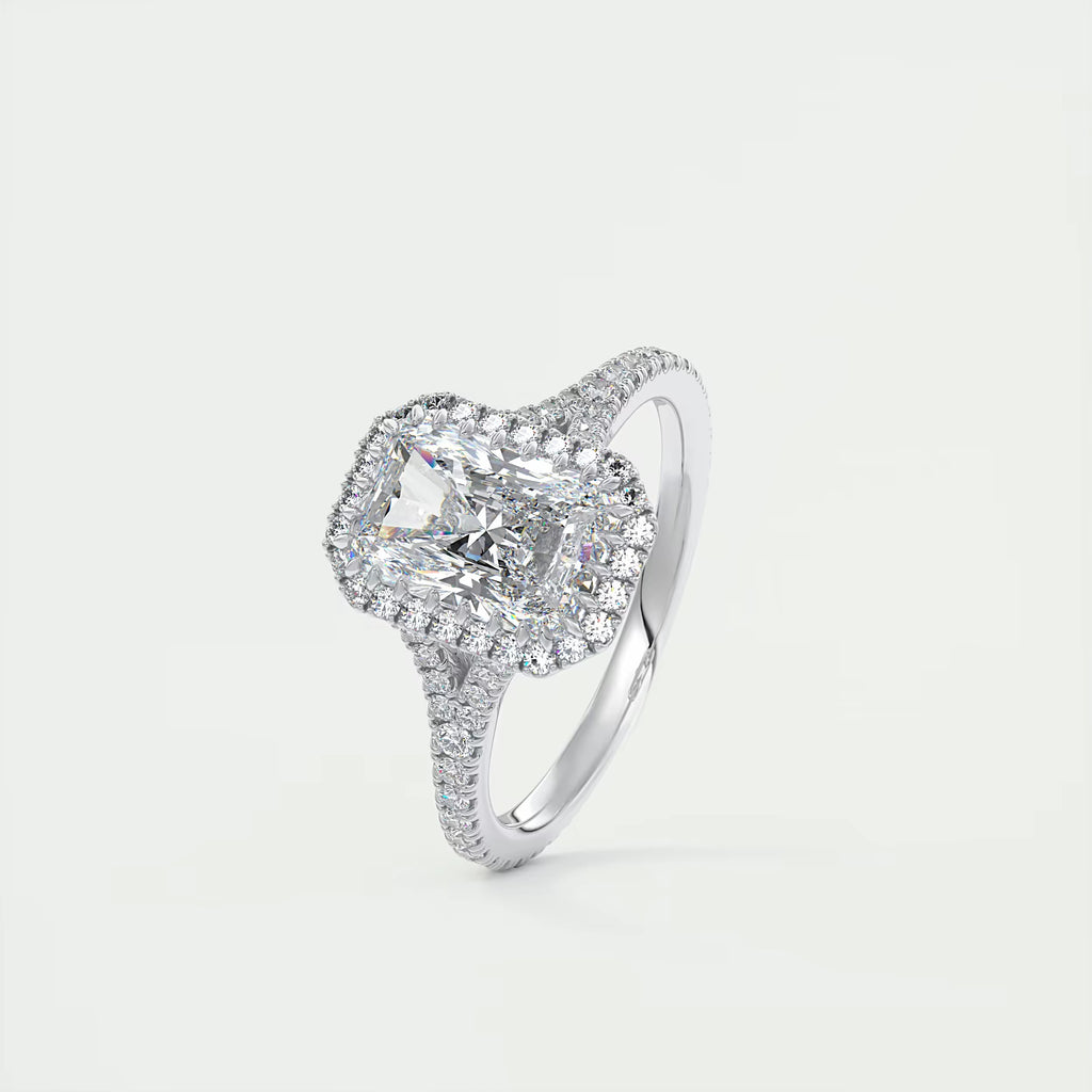 2.70 Ct The French Halo Center Stone Radiant & Side stone Round Cut Diamond  Ring