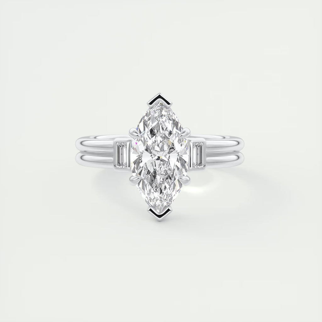 2.10 Ct The Center Stone Marquise & Side Stone Baguettes - Three Stone Engagement Rings