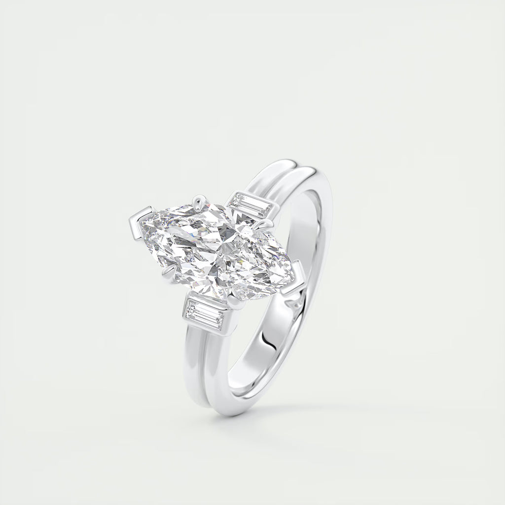 2.10 Ct The Center Stone Marquise & Side Stone Baguettes - Three Stone Engagement Rings