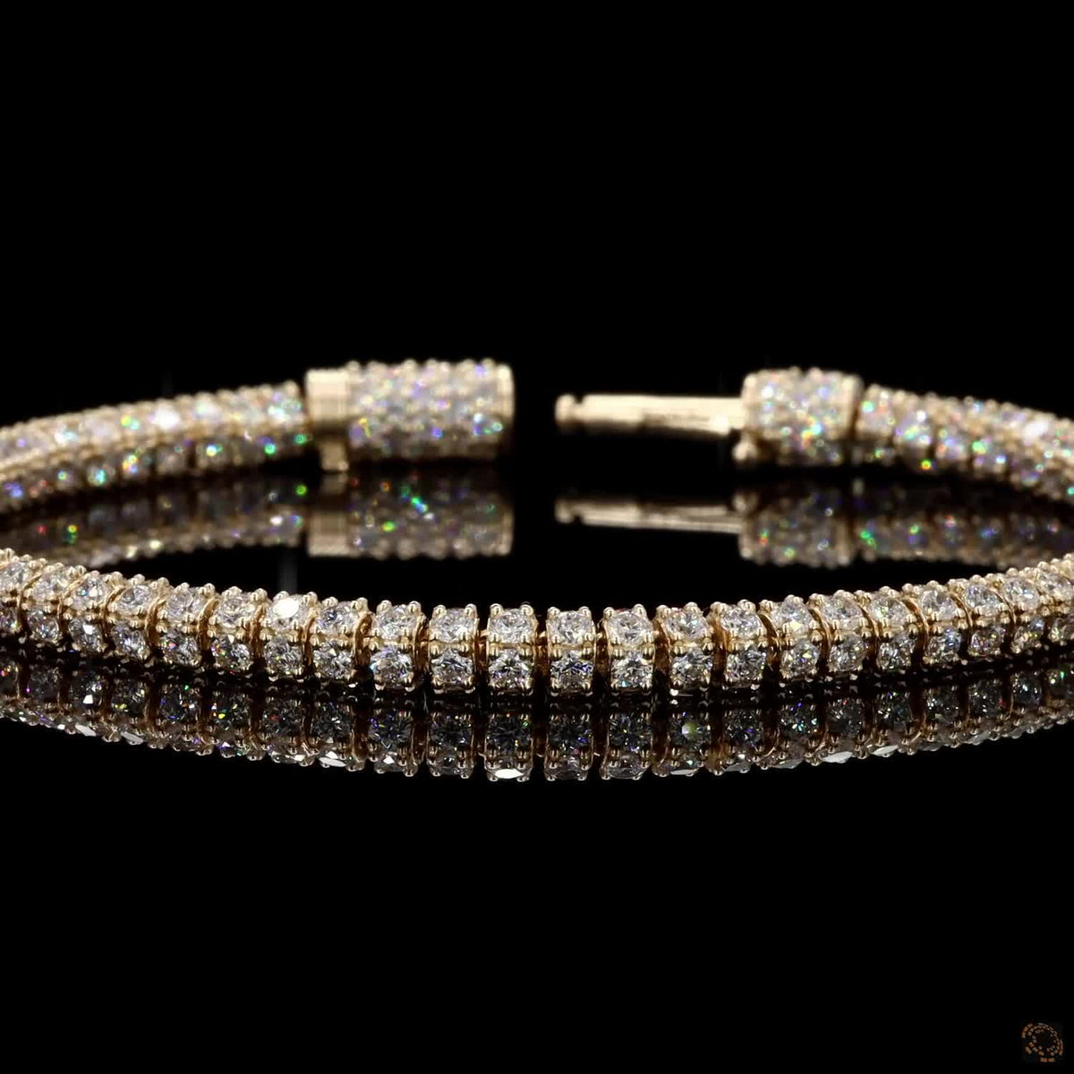 10.28 Ct 14K Yellow Gold Double-Row Round Fency Bracelet with Fully Encrusted Cylinder Clasp