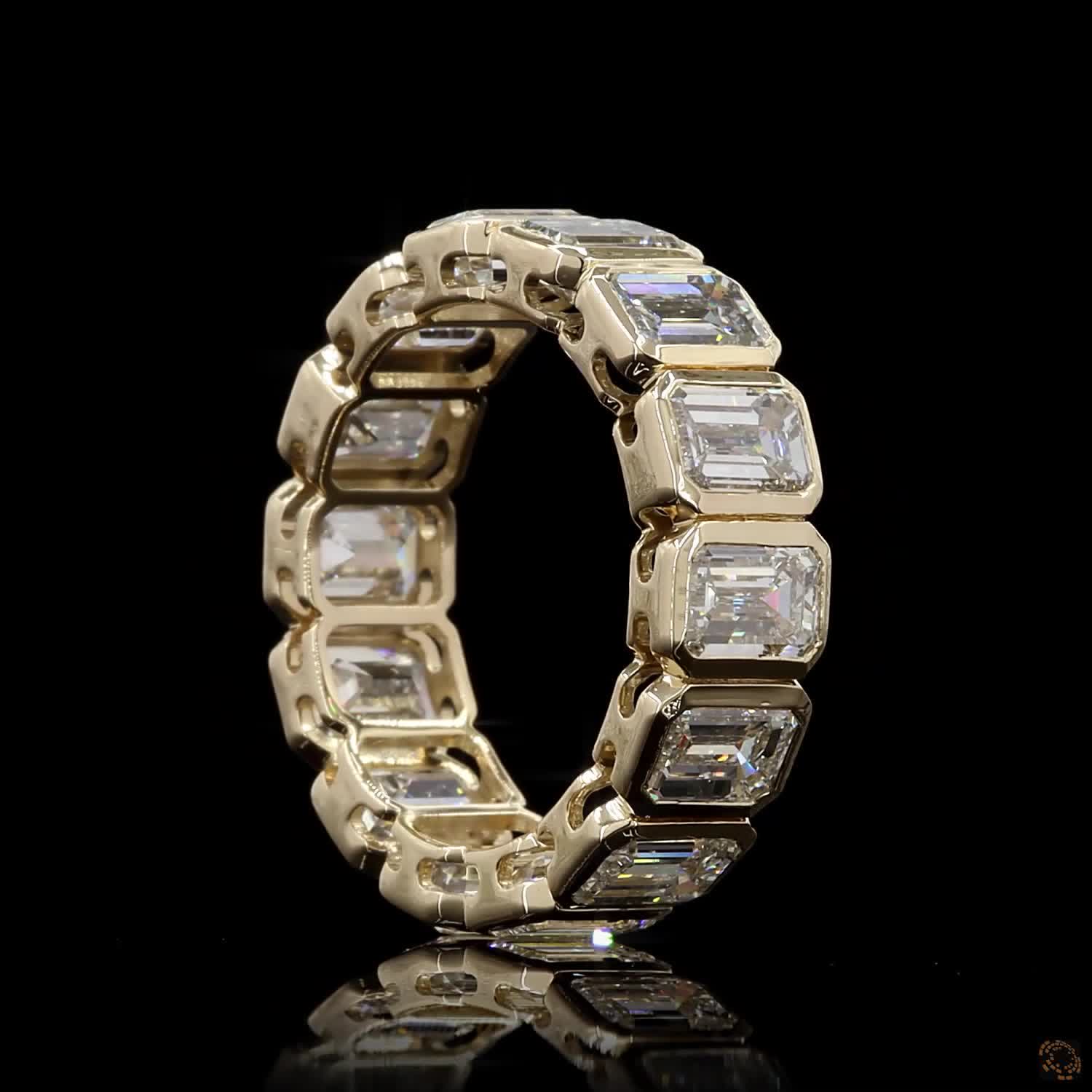 6.97 Ct Bezel-Set Emerald Cut Diamond Eternity Ring in Yellow Gold