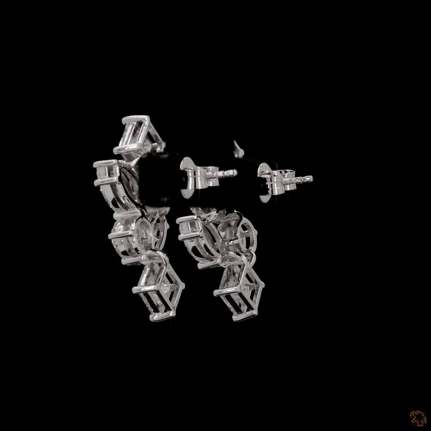 5.6 Ct Vertical cascading cluster capped at the top and bottom by kite-set princess-cut diamonds, sandwiching an alternating pattern of marquise and round brilliant stones