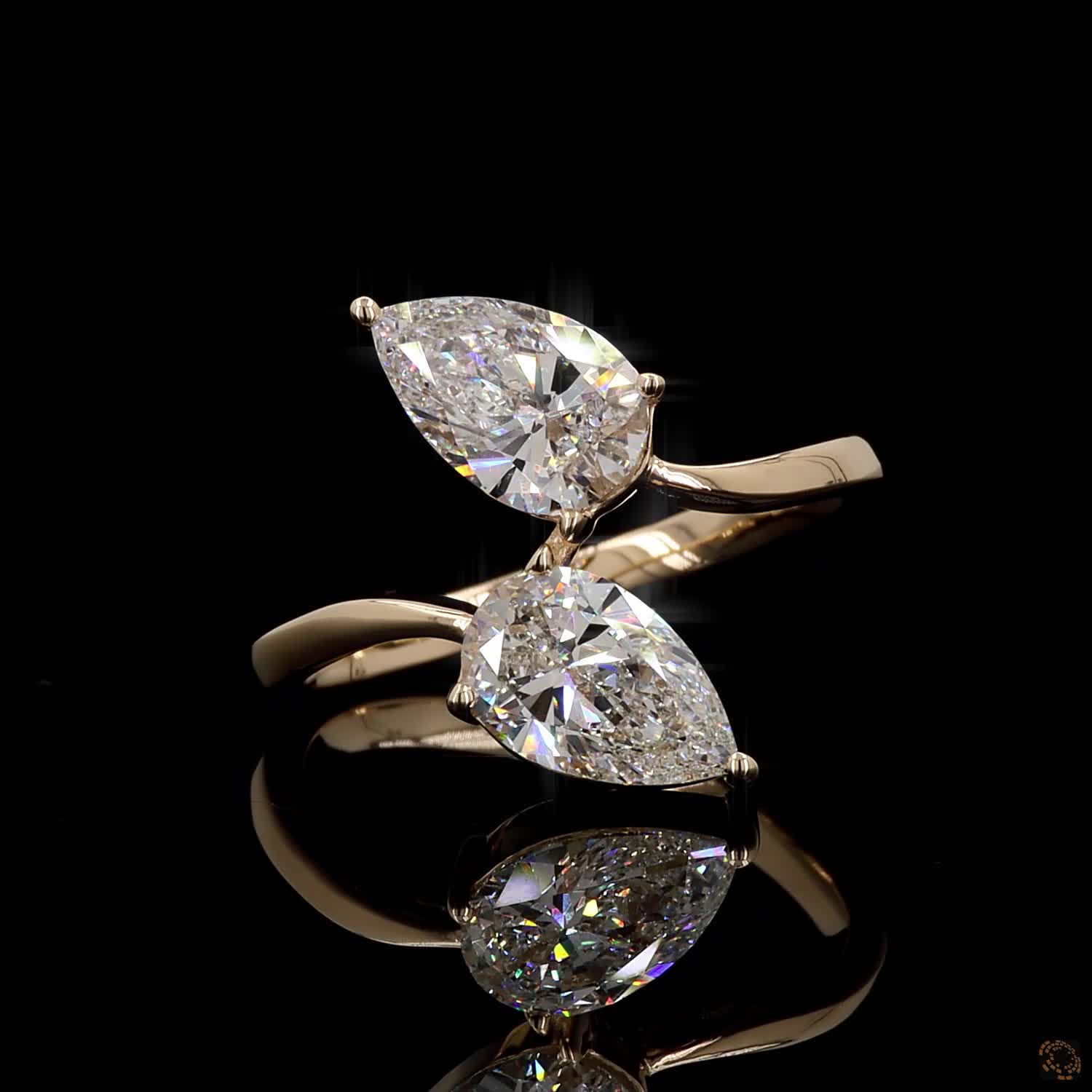 2.11 Ct Dual Pear Cut Diamond Bypass Toi et Moi Ring | Modern Yellow Gold Two-Stone Diamond Band