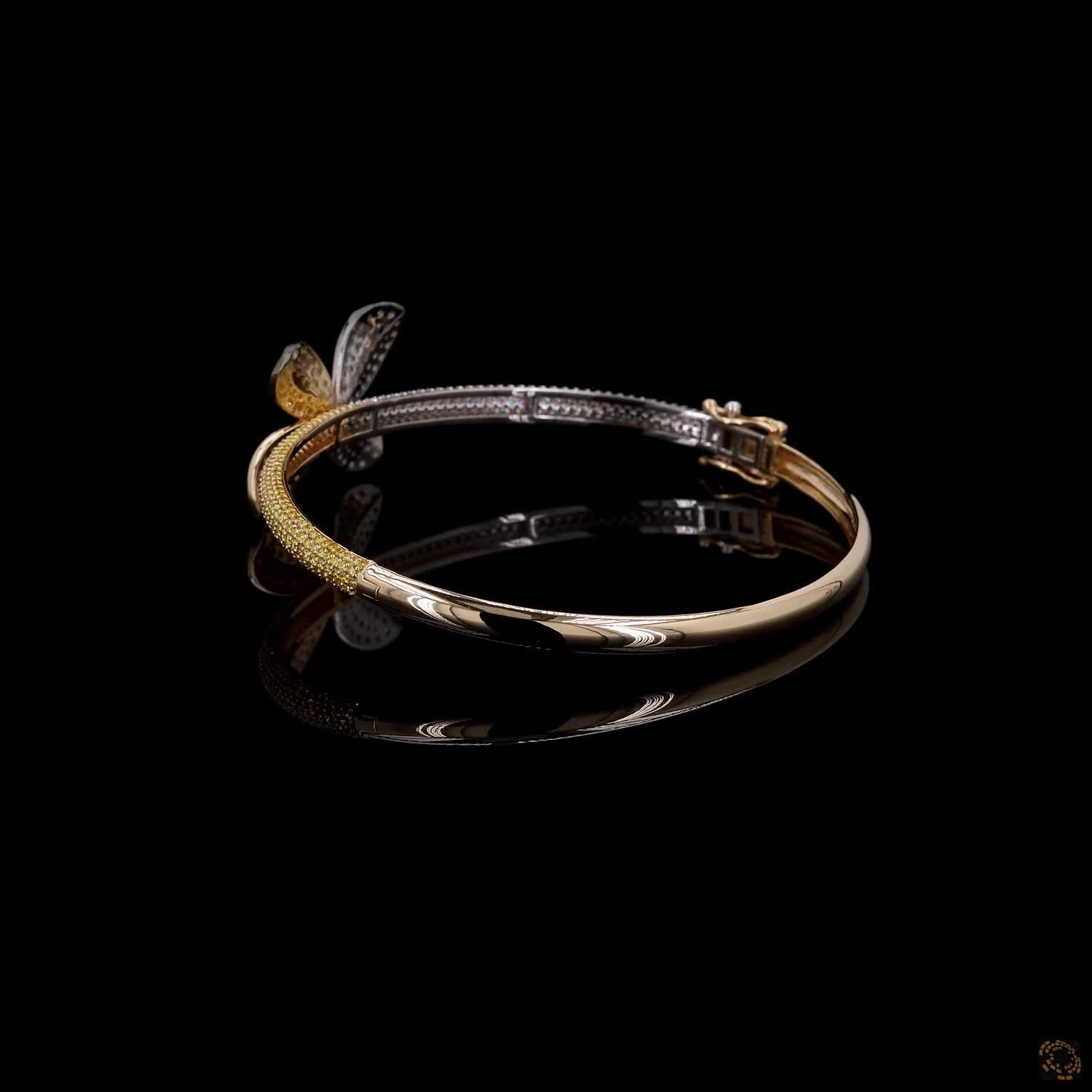 4.86 Ct Two-Tone Diamond Butterfly Bangle Bracelet – 14K Gold Pavé Diamond & Yellow Floral Cuff Jewelry