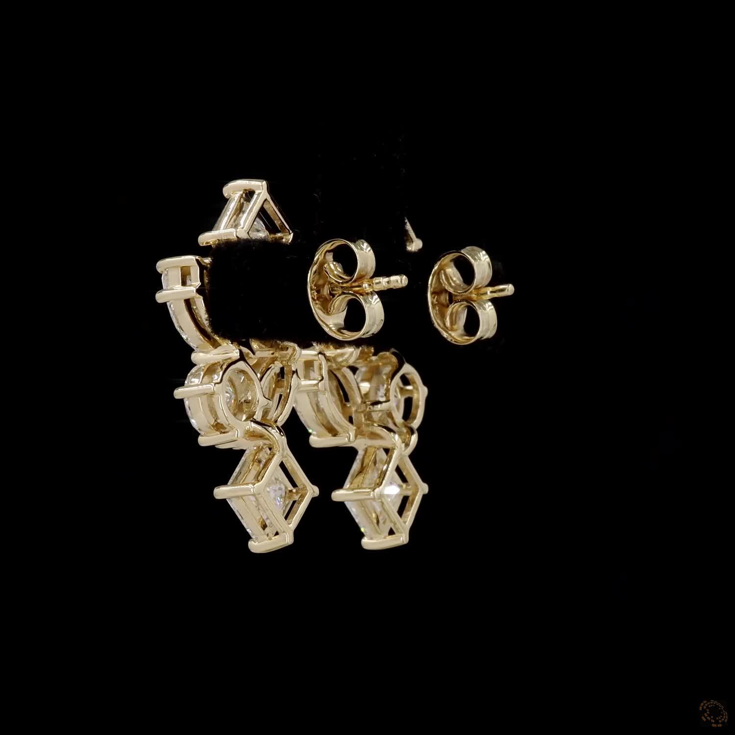 5.62 Ct Yellow Gold Multi-Cut Earrings, Geometric Cluster Ear Climbers, Unique Bridal & Evening Fine Jewelry