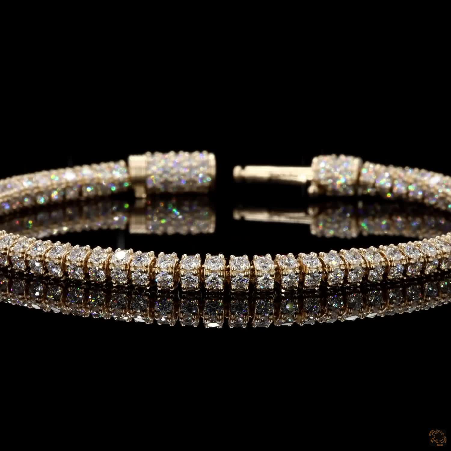 10.28 Ct 14K Yellow Gold Double-Row Round Fency Bracelet with Fully Encrusted Cylinder Clasp