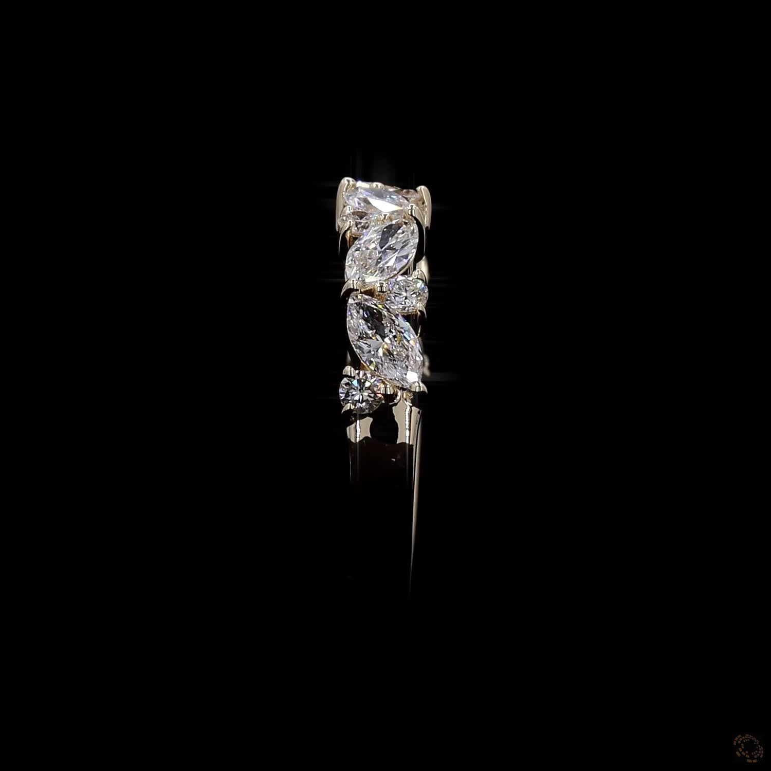0.86 Ct 14K Yellow Gold Marquise & Round Diamond Vine Band | Leaf Cluster Wedding Ring