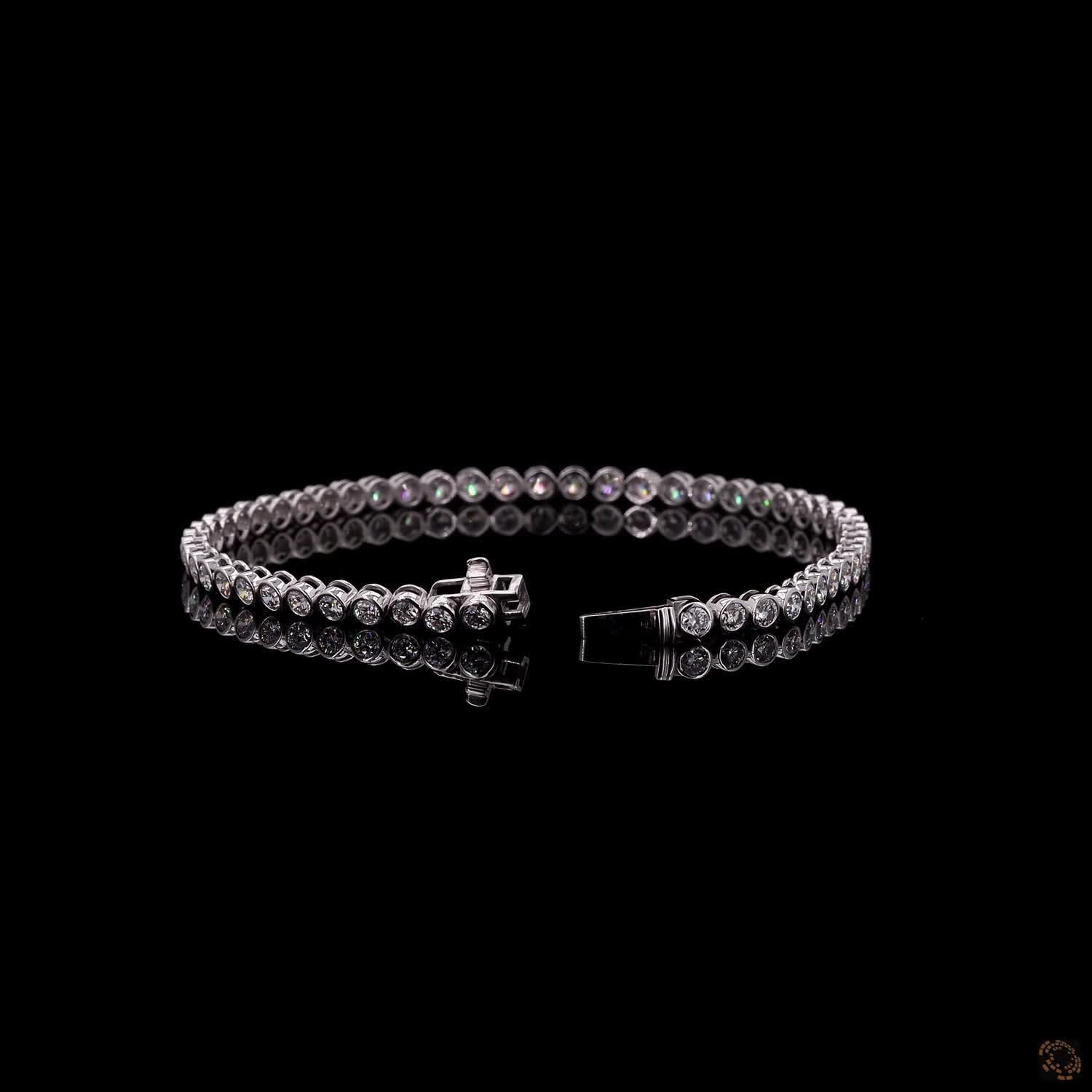 3.46 Ct 14K White Gold Round Cut Bezel Set Moissanite Tennis Bracelet with Double Latch Box Clasp
