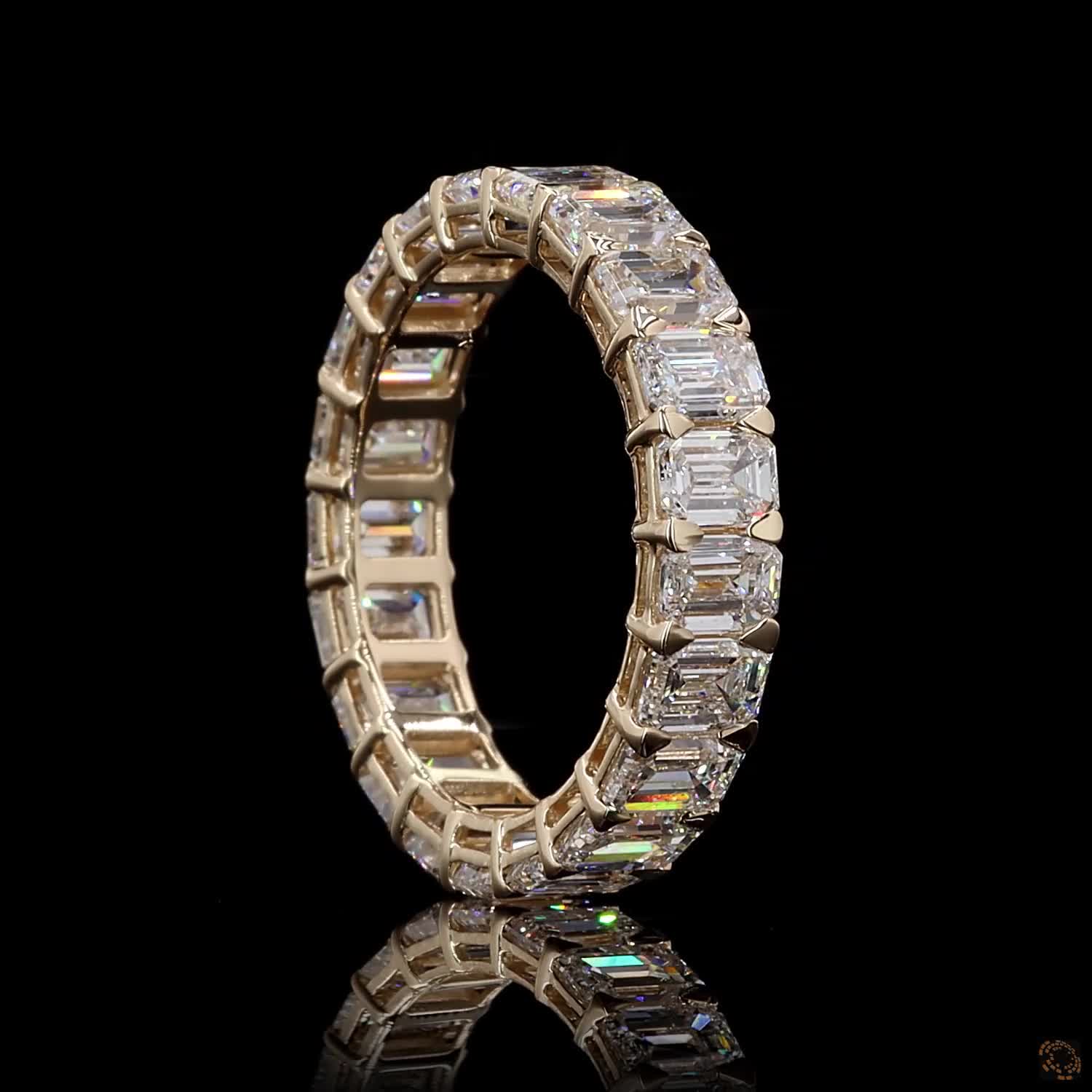 5.16 Ct Emerald Cut Diamond Full Eternity Ring, 4-Prong Shared Setting, 14K Yellow Gold Matching Bridal Band