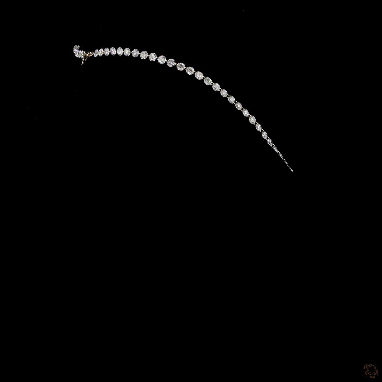 22.87 Ct graduated diamond tennis necklace, round brilliant diamond Riviera necklace, classic diamond choker, floating diamond strand, yellow gold prong-set diamond necklace