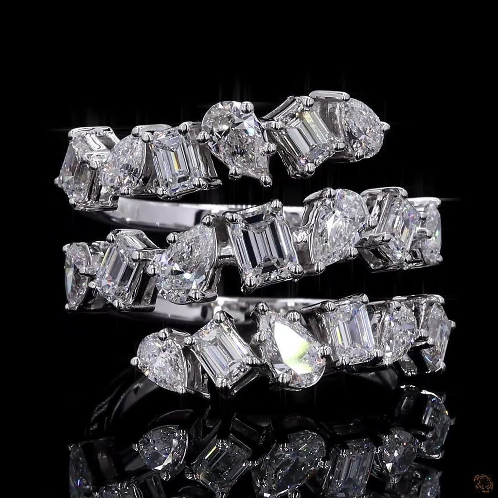 2.73 Ct Natural Emerald with Pear Octagon Shape Diamond Spiral Cuff Ring 14k White Gold