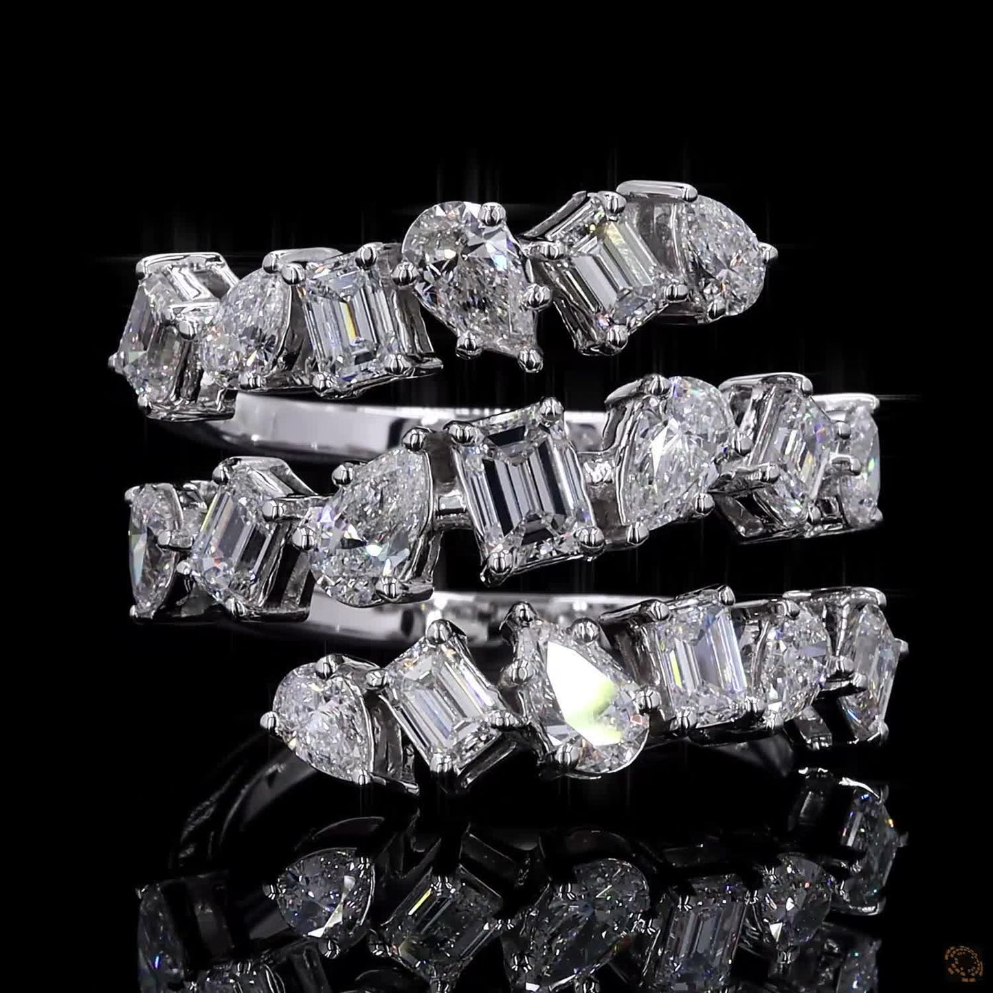 2.73 Ct Natural Emerald with Pear Octagon Shape Diamond Spiral Cuff Ring 14k White Gold