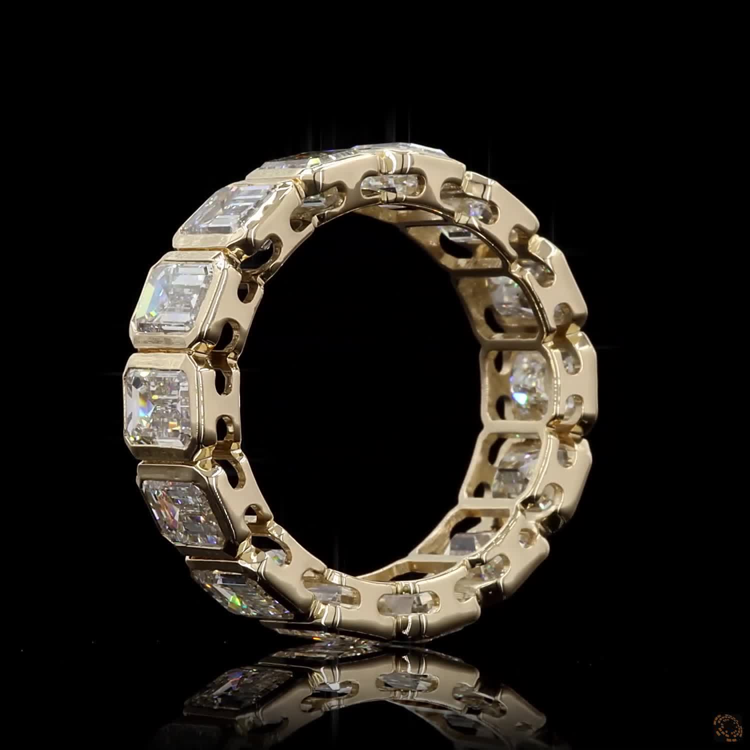 6.97 Ct Bezel-Set Emerald Cut Diamond Eternity Ring in Yellow Gold