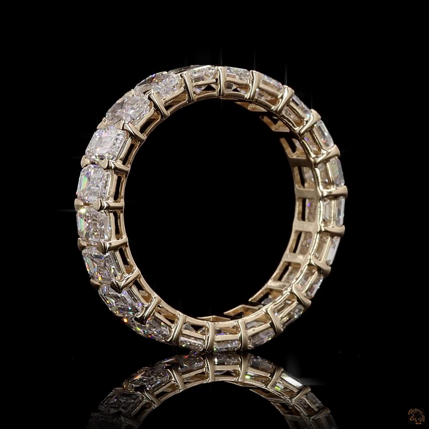 5.16 Ct Emerald Cut Diamond Full Eternity Ring, 4-Prong Shared Setting, 14K Yellow Gold Matching Bridal Band