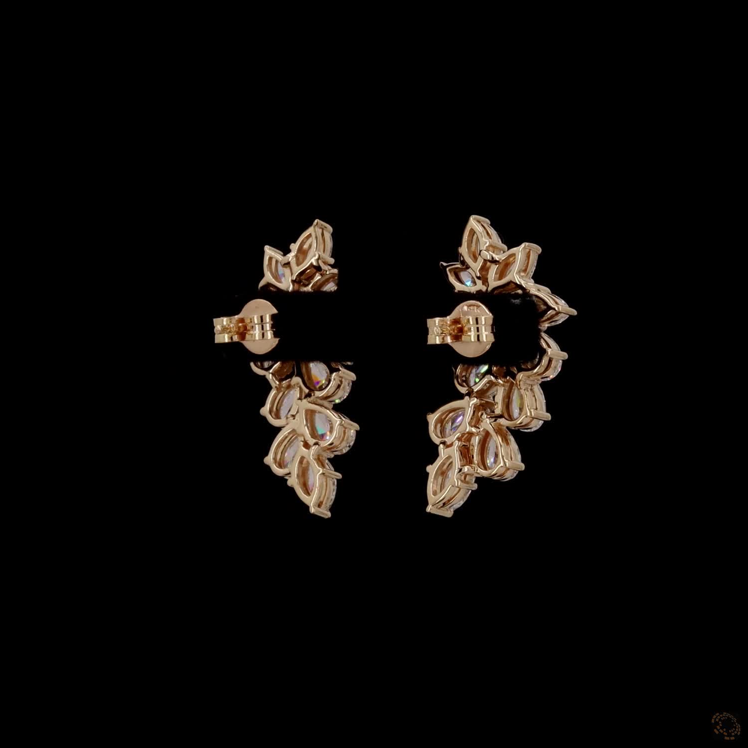 4.4 Ct Multi-Shape Ear Crawlers, Yellow Gold Leaf Cluster Earrings, Statement Bridal Vine Jewelry
