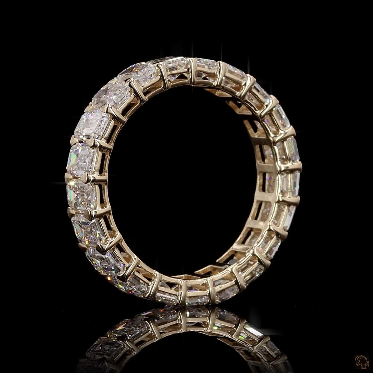 5.16 Ct Emerald Cut Diamond Full Eternity Ring, 4-Prong Shared Setting, 14K Yellow Gold Matching Bridal Band