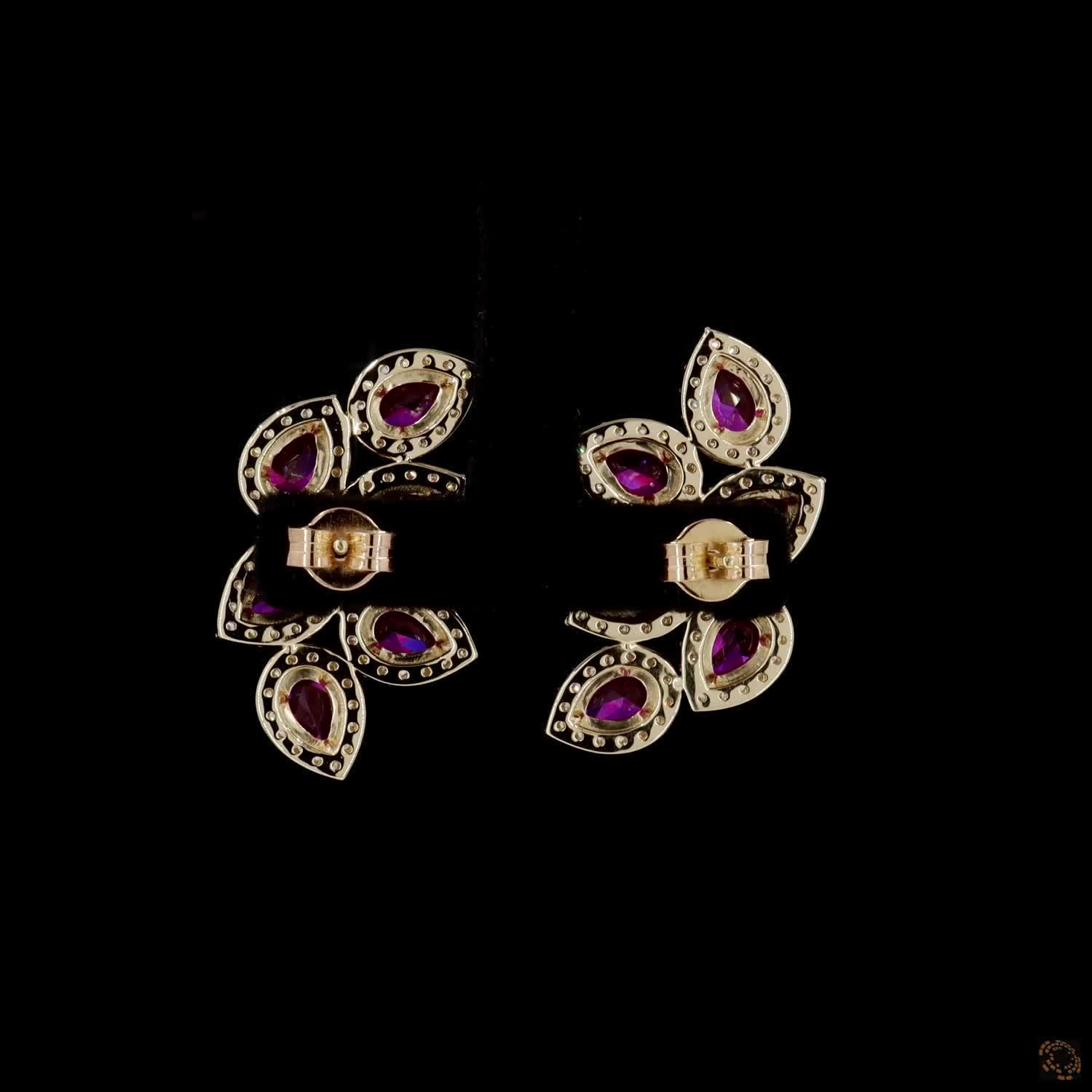0.95  Ct Pear Cut Ruby & Diamond Halo Ear Climbers | Gold Leaf Cluster Earrings