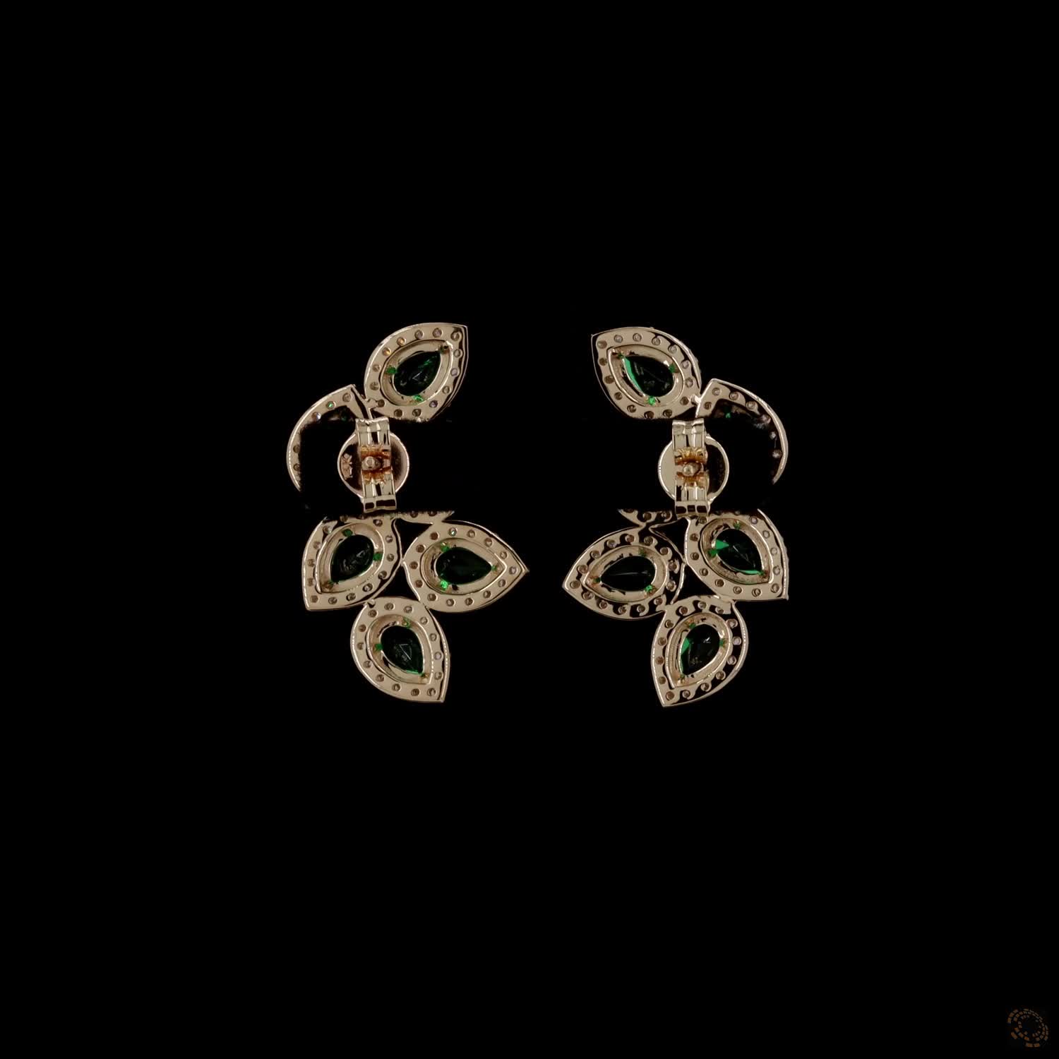 0.97 Ct Yellow Gold Simulated Emerald Ear Crawlers, Pear Shape Halo Vine Cluster Earrings, Statement Evening & Bridal Fine Jewelry
