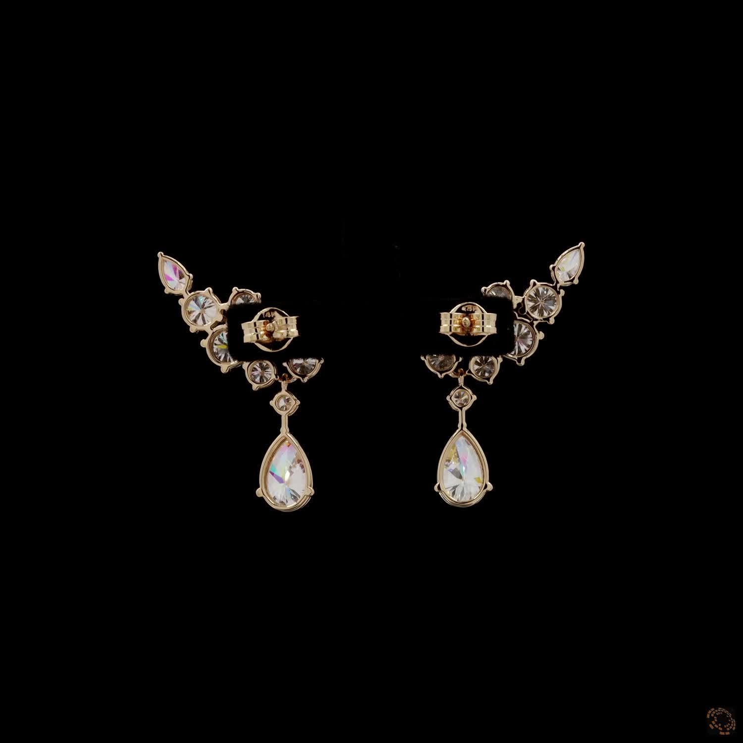 6.04 Pear and Round Diamond Wing Cluster Drop Earrings in Yellow Gold