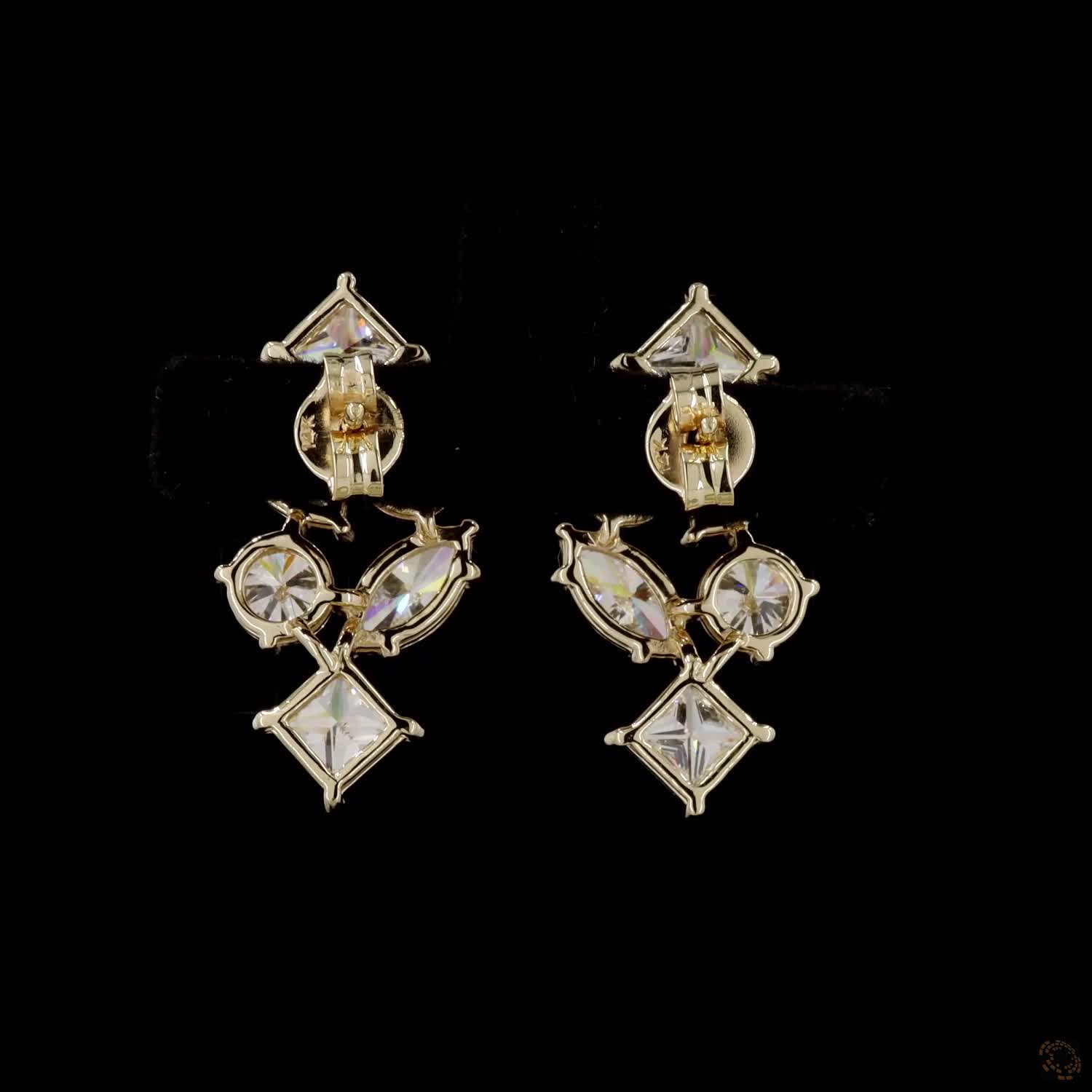 5.62 Ct Yellow Gold Multi-Cut Earrings, Geometric Cluster Ear Climbers, Unique Bridal & Evening Fine Jewelry