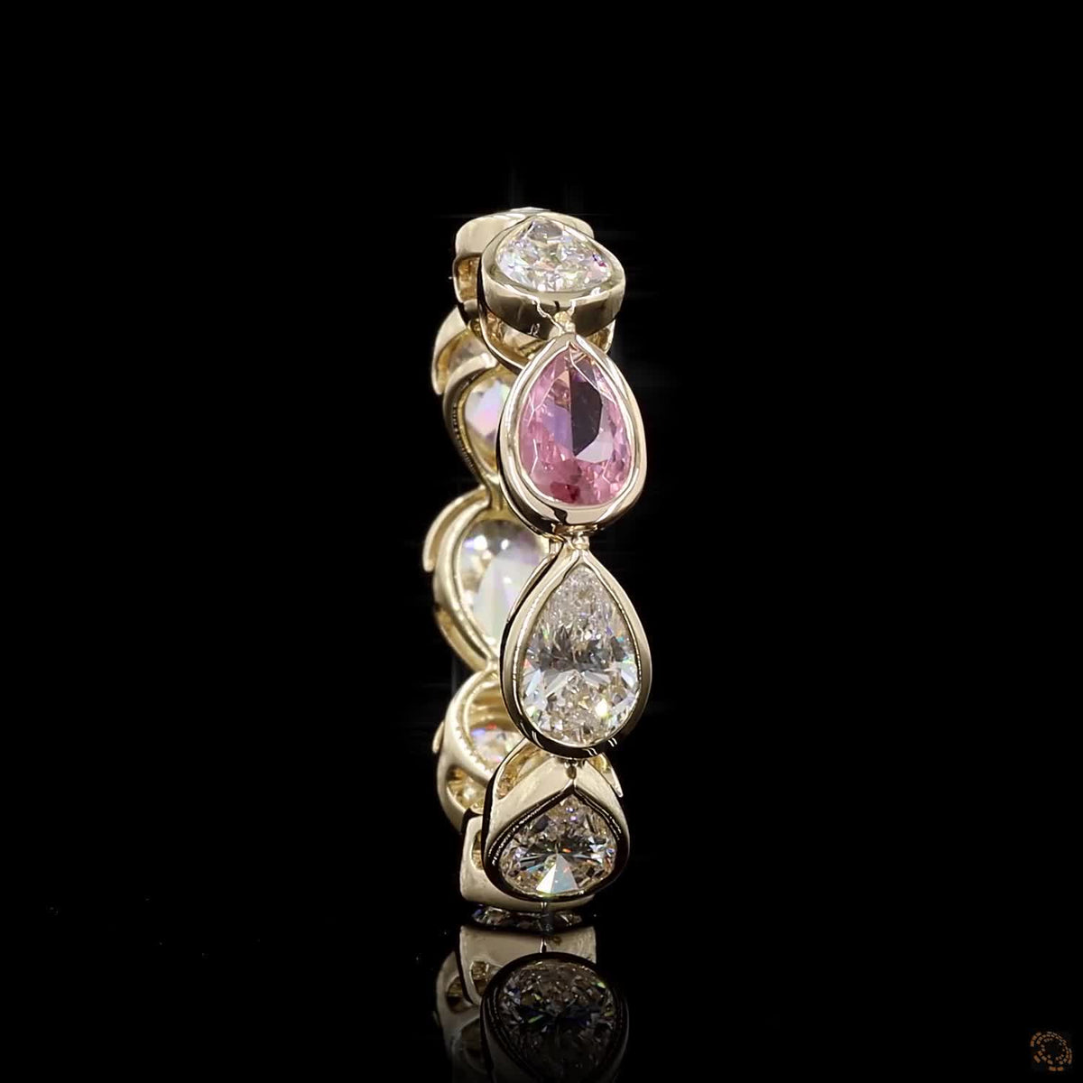 2.48 Ct Pear Diamond Bezel Eternity Band | Gold East-West Diamond & Pink Sapphire Ring