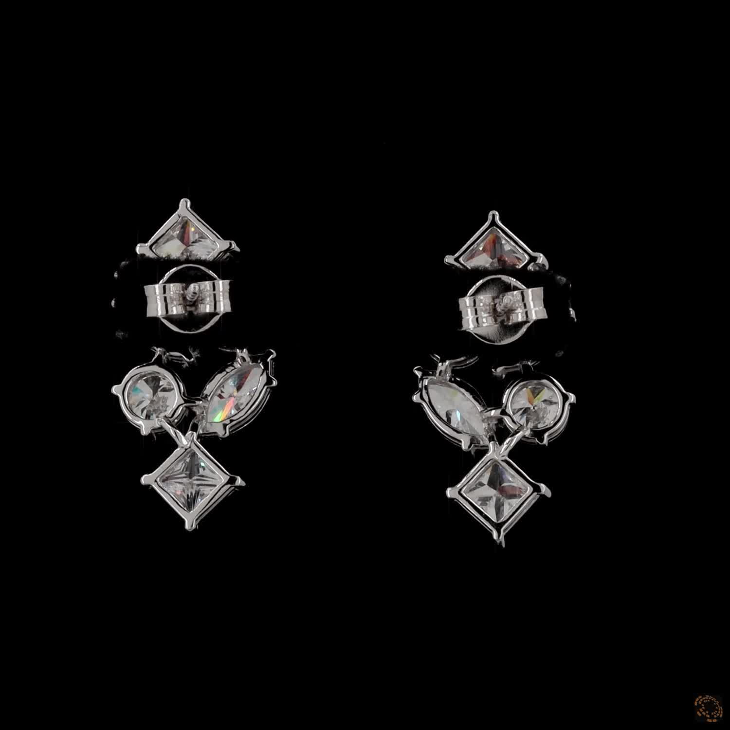 5.6 Ct Vertical cascading cluster capped at the top and bottom by kite-set princess-cut diamonds, sandwiching an alternating pattern of marquise and round brilliant stones