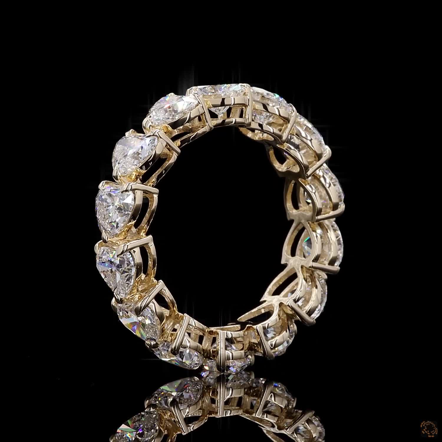 5.44 Ct Full eternity band featuring a continuous row of horizontally aligned east-west oriented heart-cut diamonds seamless set end-to-end around the entire band