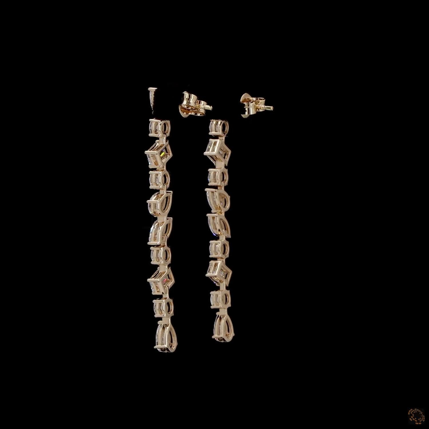4.62 Ct 14K Gold Multi-Cut Diamond Drop Earrings – Emerald, Pear, Marquise & Round Linear Statement Earrings