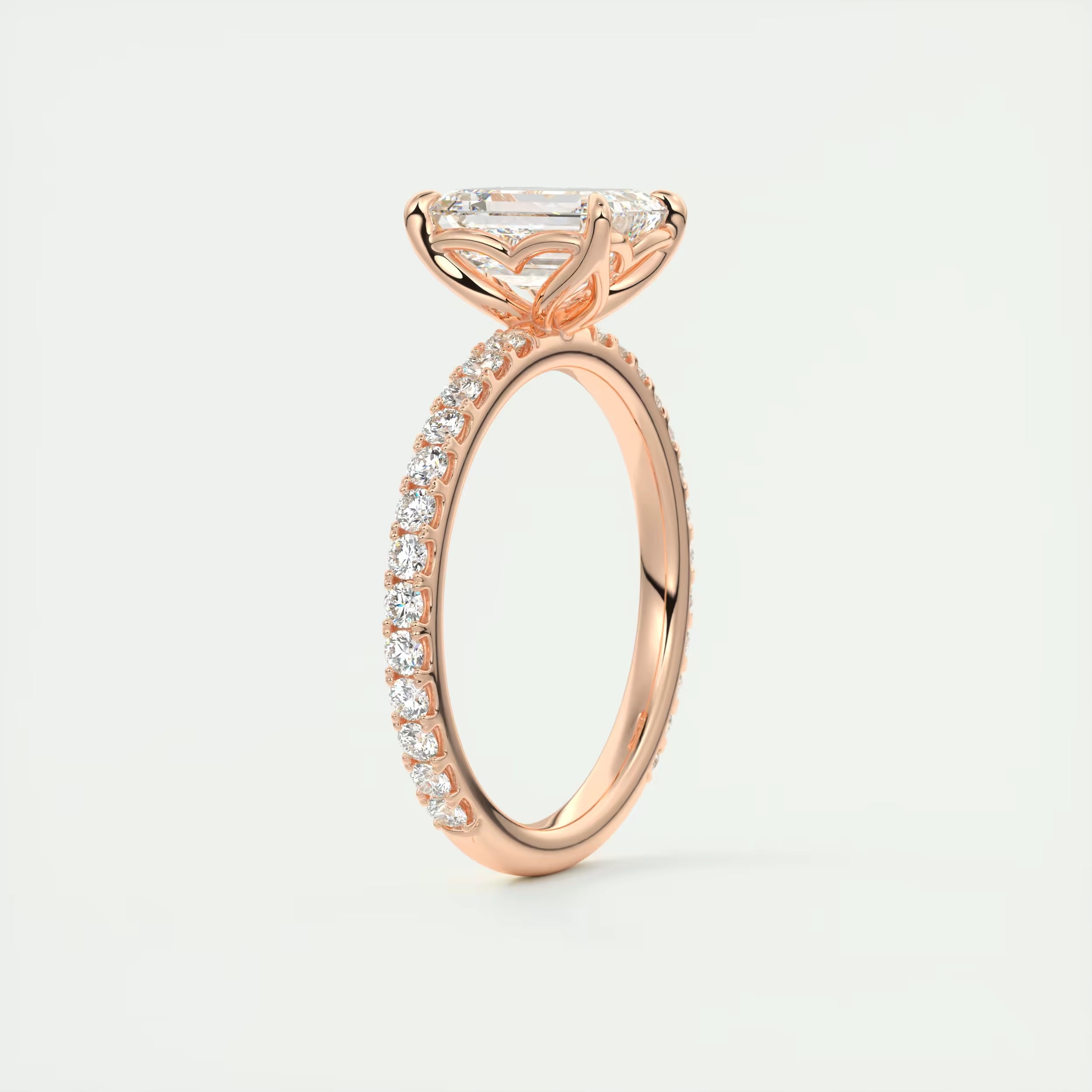 2.50 Ct Royale Pavé Center Stone Emerald Floral Basket 1.8mm French Set Pavé Ring