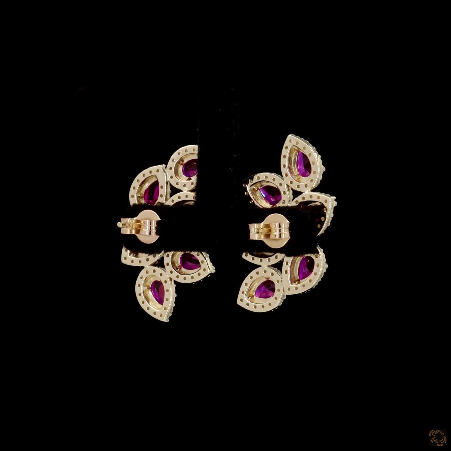 0.95  Ct Pear Cut Ruby & Diamond Halo Ear Climbers | Gold Leaf Cluster Earrings