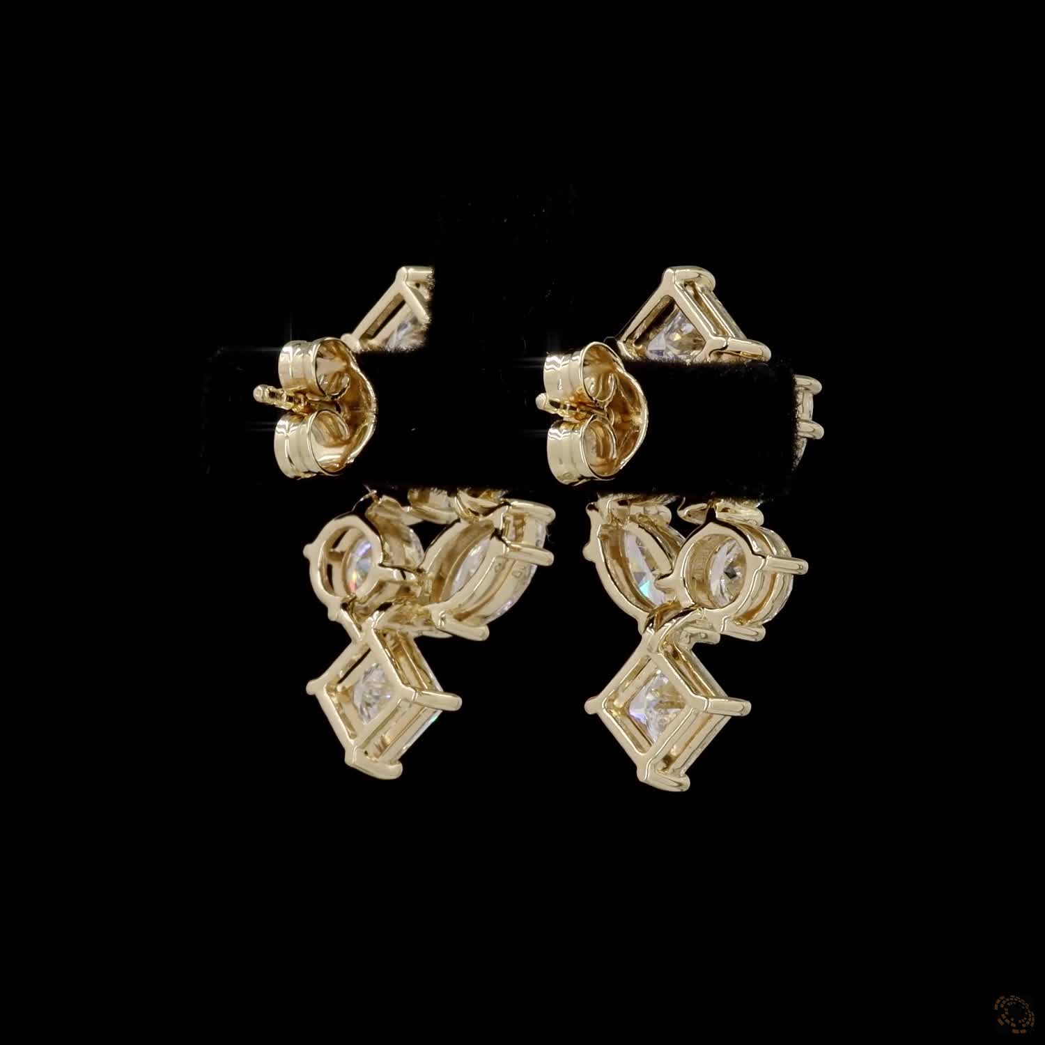 5.62 Ct Yellow Gold Multi-Cut Earrings, Geometric Cluster Ear Climbers, Unique Bridal & Evening Fine Jewelry