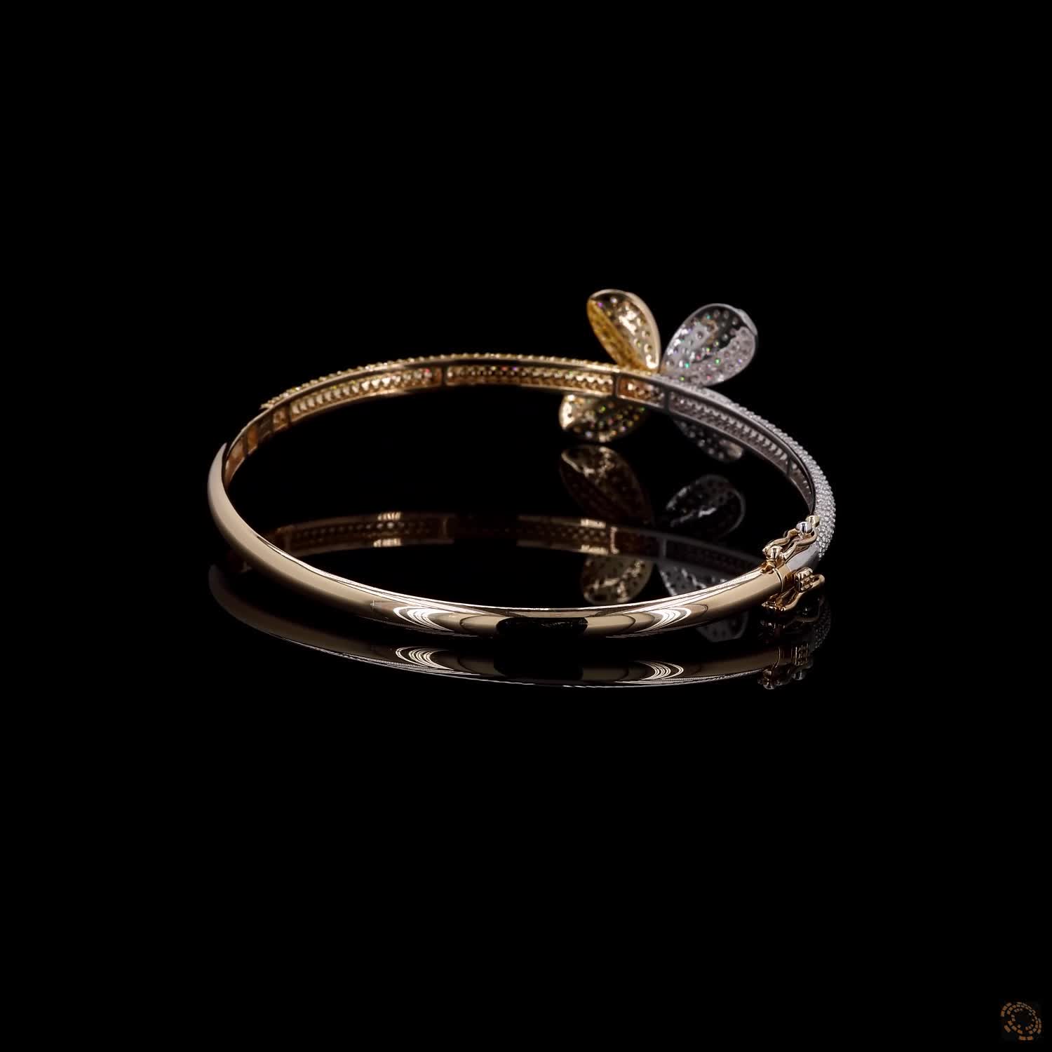 4.86 Ct Two-Tone Diamond Butterfly Bangle Bracelet – 14K Gold Pavé Diamond & Yellow Floral Cuff Jewelry